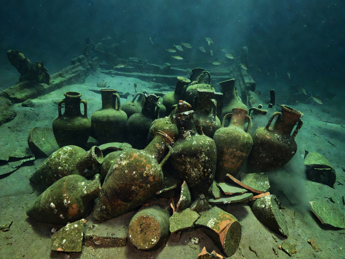 Antikythera shipwreck underwater archaeological site with ancient amphorae and artifacts