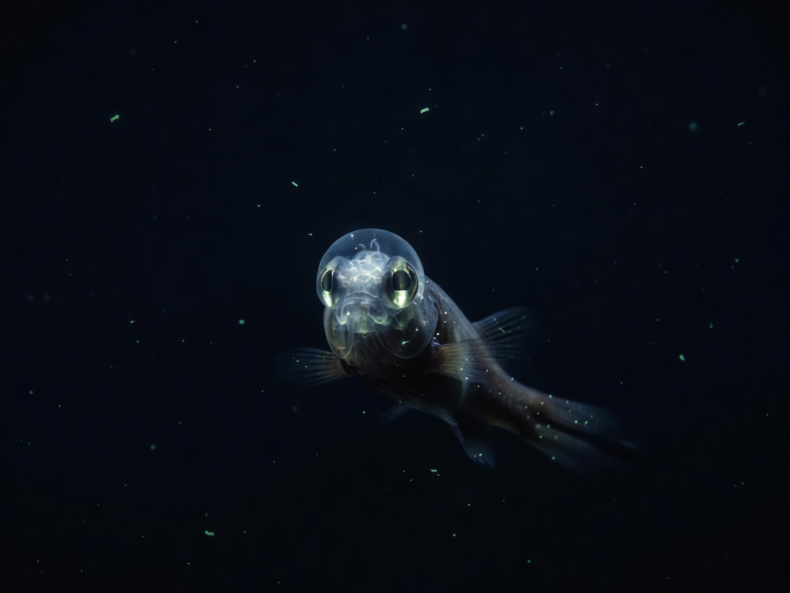 Barreleye fish with transparent fluid-filled dome and tubular eyes