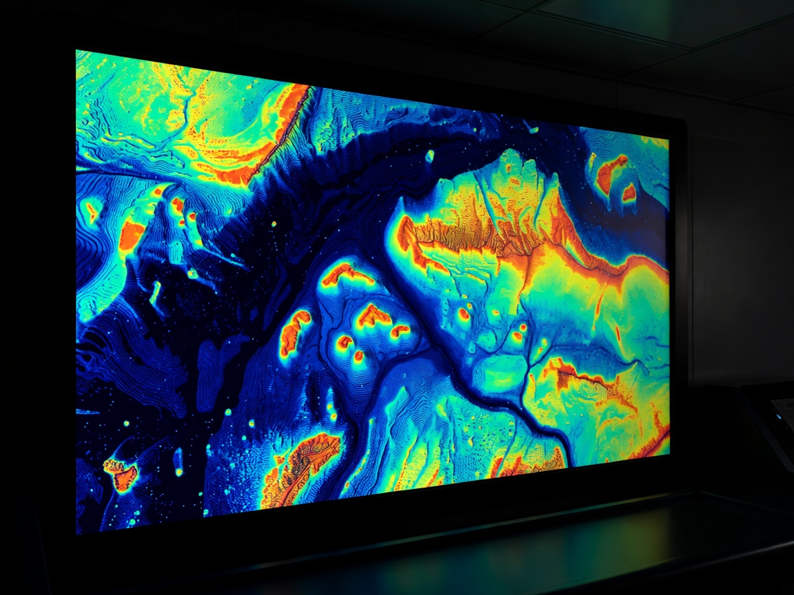 Bathymetric multi-beam sonar mapping display screen showing 3D ocean floor