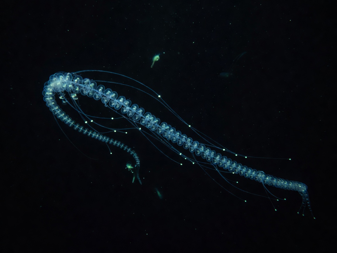 Bioluminescent Giant Siphonophore colony drifting in deep abyssal water