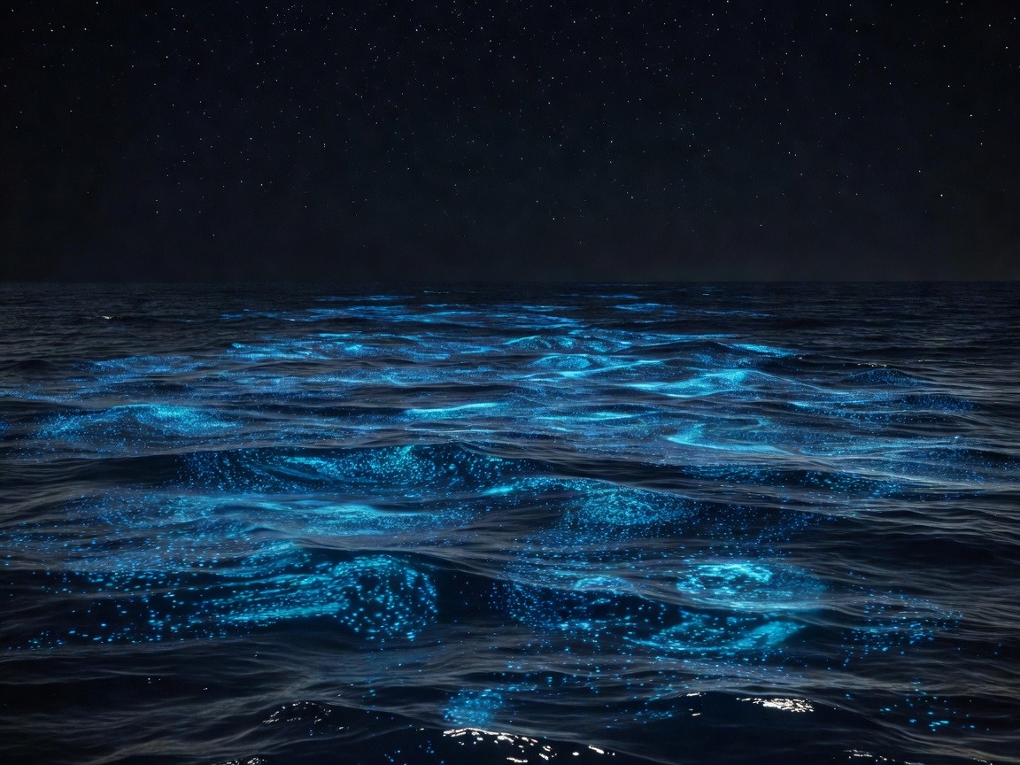 Bioluminescent microbial blooms glowing across the ocean surface at night