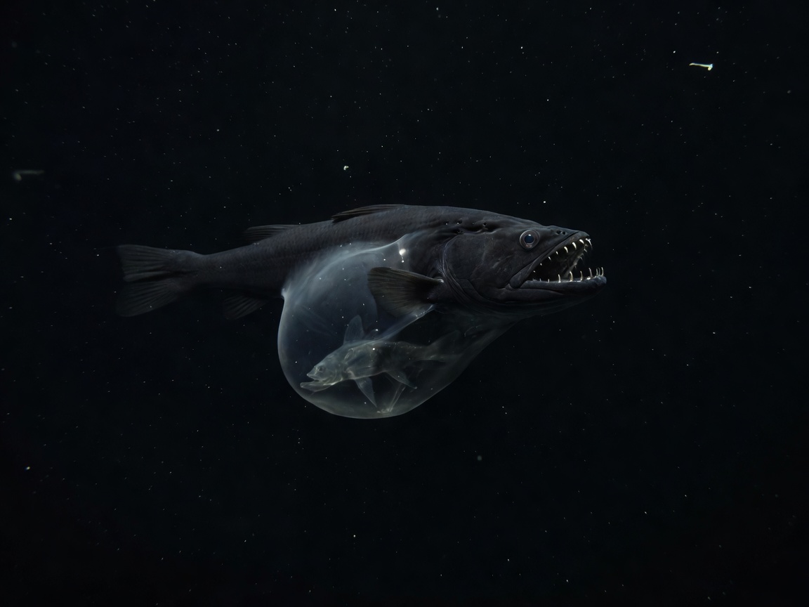 Black Swallower fish with distended stomach holding prey in abyss