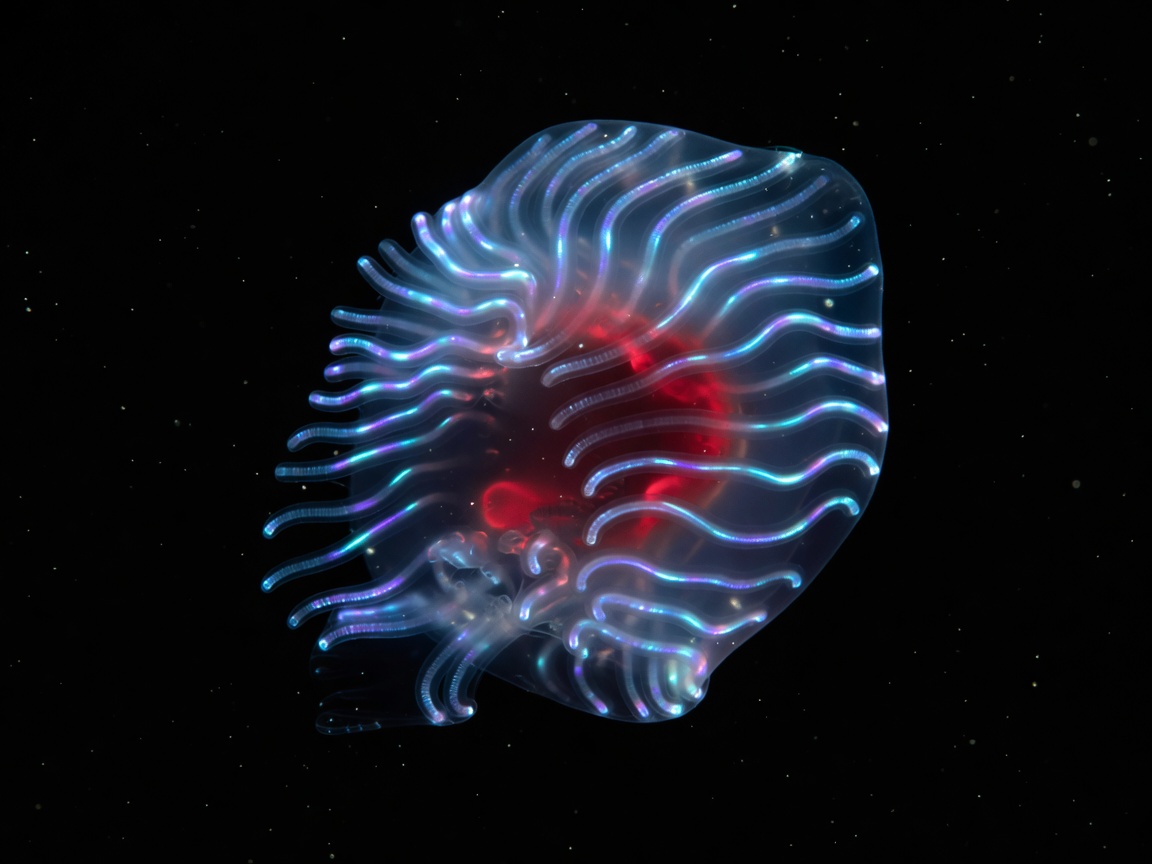 Bloodybelly Comb Jelly with deep red belly and flashing ctenophore cilia