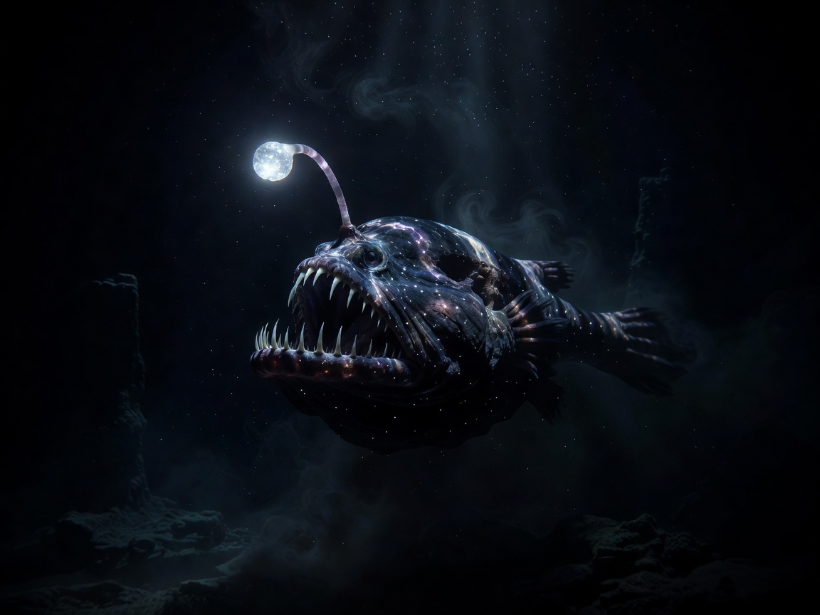 Deep-Sea Humpback Anglerfish with glowing esca lure and sharp teeth
