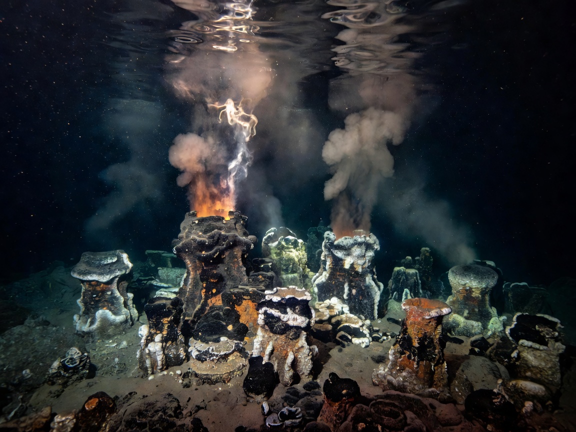 Hydrothermal vent chimneys venting mineral-rich thermal plumes in deep ocean