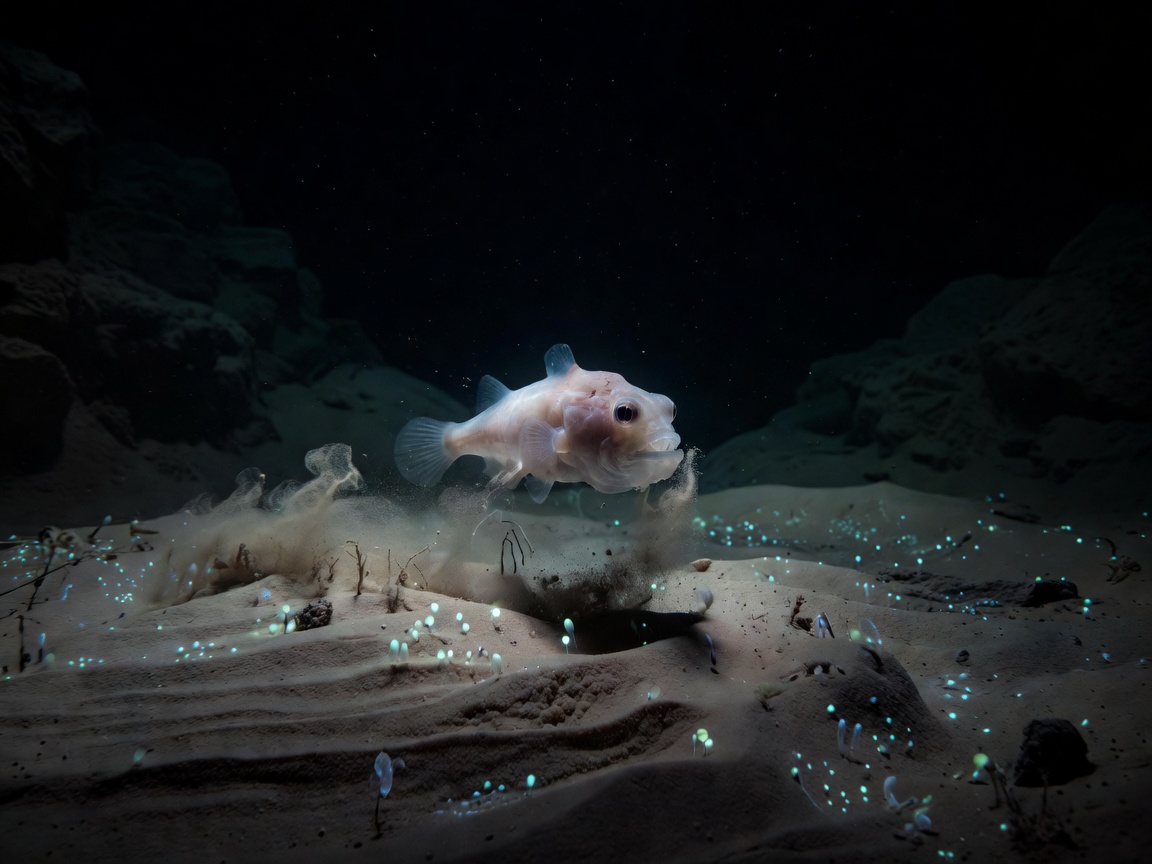 Mariana Hadal Snailfish swimming in deep ocean trench sediment