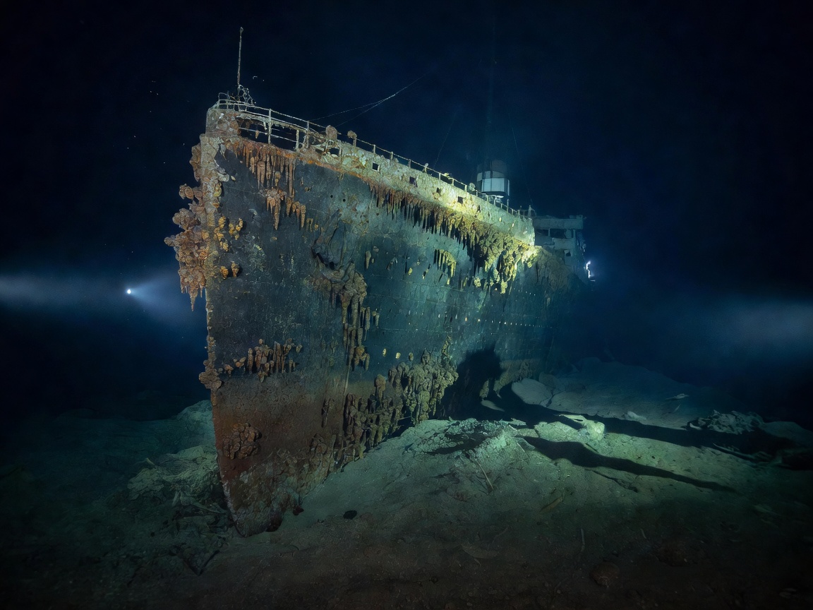 RMS Titanic bow hull resting on deep Atlantic ocean floor covered in rusticles