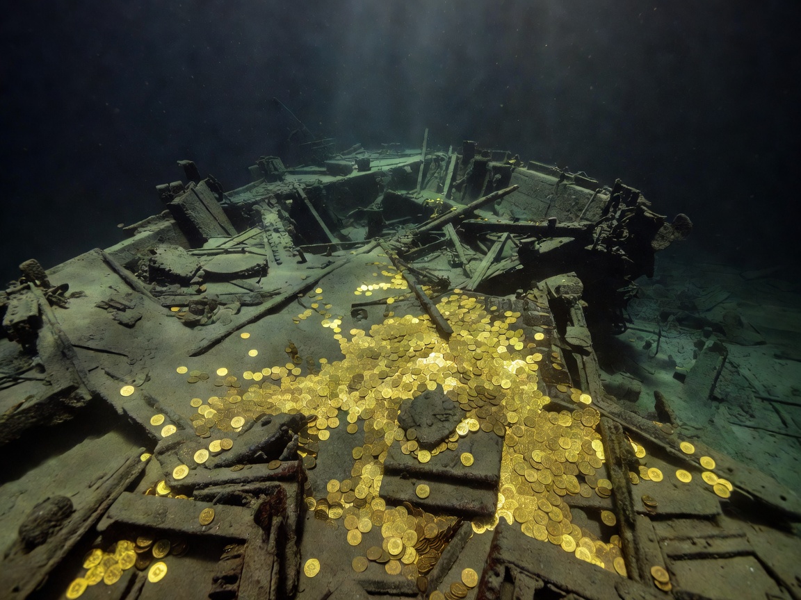 SS Central America shipwreck site with gold coins on seabed