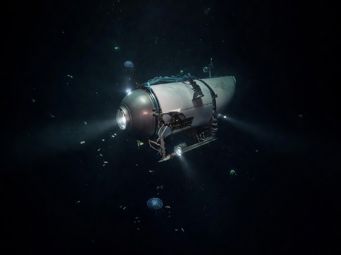Titanium deep ocean submersible vehicle descending in bathypelagic waters
