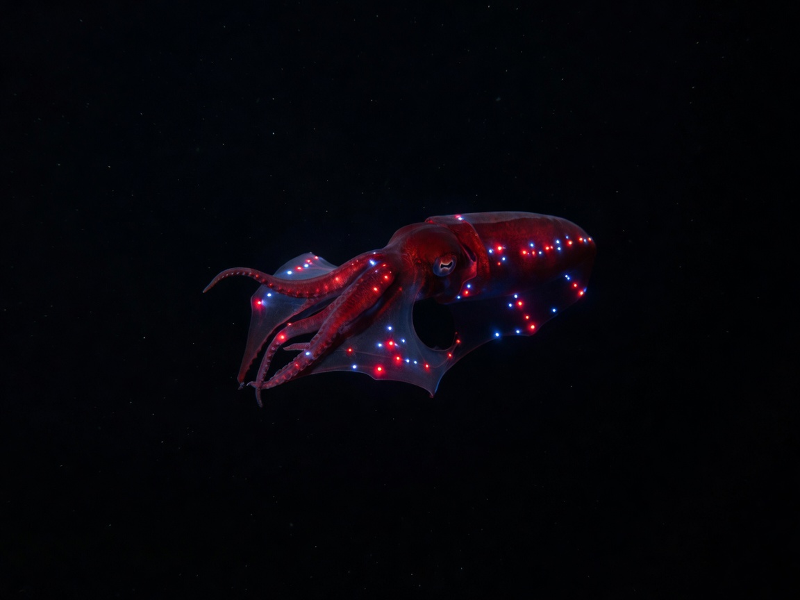Vampire Squid with dark red mantle and glowing photophores in deep sea